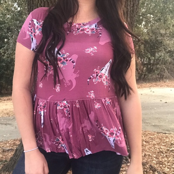 << Burgundy Steer Skull Country Chic Boho Shirt >> - Picture 4 of 4